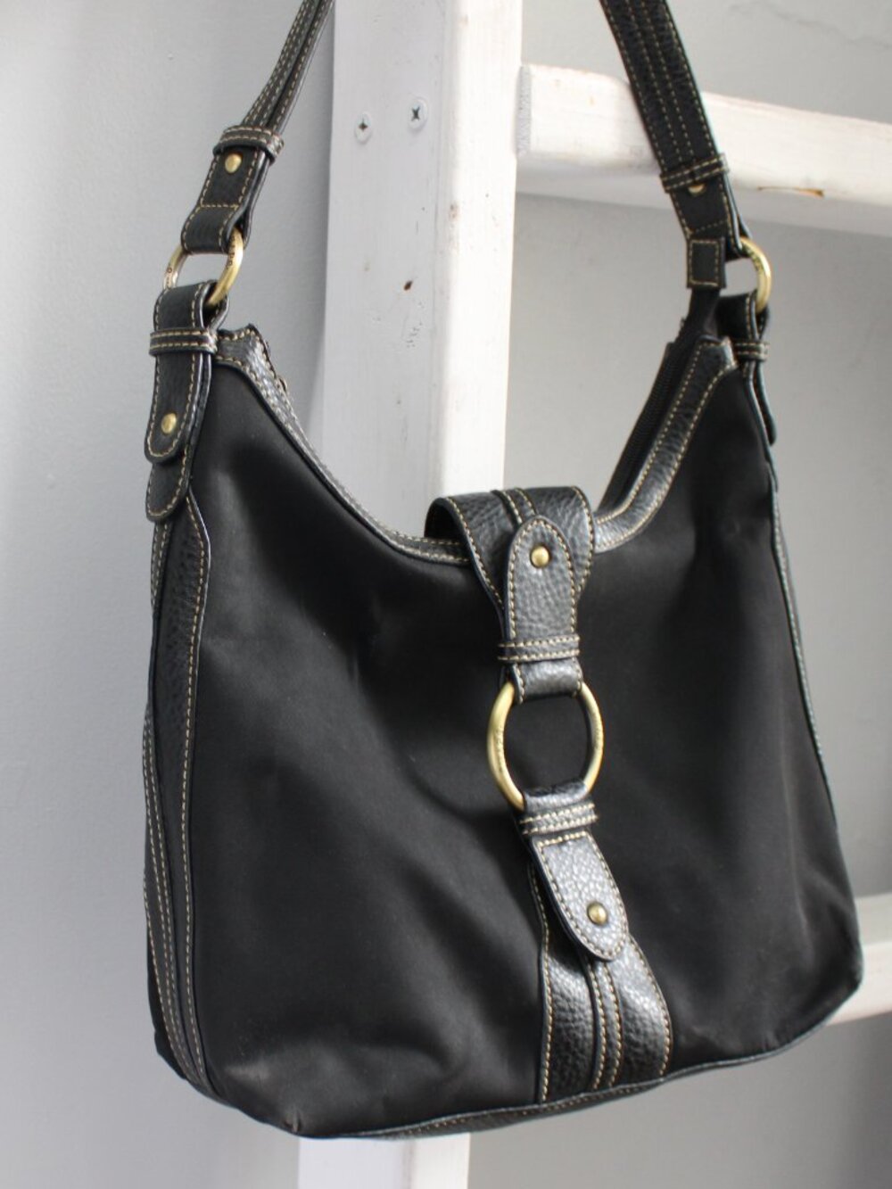 Chaps by Ralph Lauren VTG Y2K Leather Hobo Shoulder Bag Black Zipper Flap Snap - Picture 5 of 8